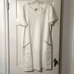 White Linen & Cotton V-Neck Short Sleeve Dress by European brand Oui